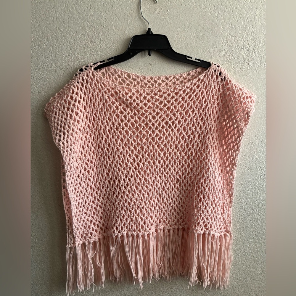 Pink Fringe Knit Sweater Poncho OS - Picture 3 of 8